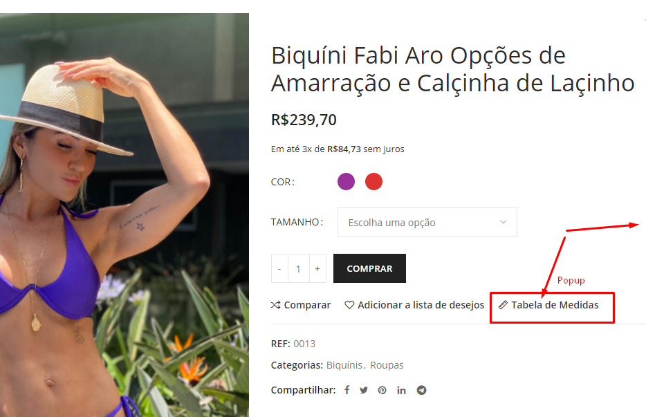página de produto com tabela de medidas